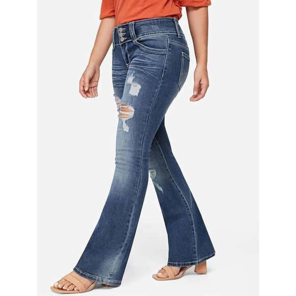 Women’s Ripped Wide Leg Jeans Low Rise Stretch Denim Plus Size Pants - Picture 2 of 9